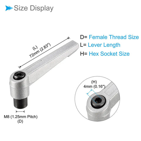 Slick Quick Change Clamping Lever Handle With M8 Female Thread And 72mm Lever Arm For Lathe Gear No Hassle Adjustable Rotating Dial Silver Tone dimensions display