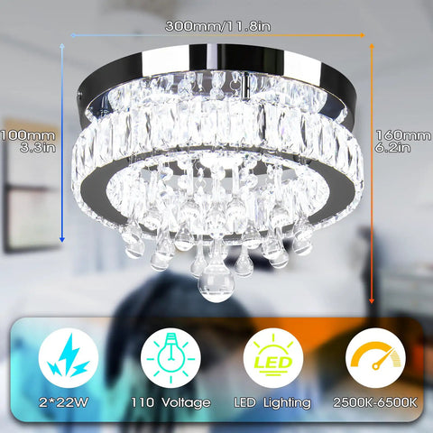 Dope Crystal Chandelier LED Ceiling Light With Remote Control Dimmable Flush Mount Fixture, K9 Crystal, 11.8 Inch