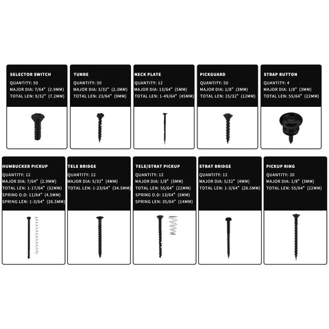 Heavy Duty 254 Piece Guitar Screw Kit With All Stainless Steel Fasteners For Strat Tele And Gibson Axe showing various screw types and specifications.