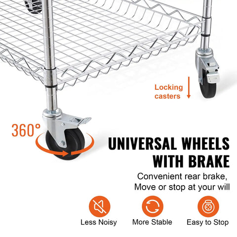Must Have Heavy Duty 3 Tier Kitchen Utility Cart On Wheels With 661 Lbs Capacity showing locking caster wheels and wire basket