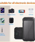 Outdoor Solar Charger 20000mAh Portable Power Bank With USB C Cable Waterproof Solar Battery Pack Dual Flashlights 4 Cables External Backup Charger For Camping And Travel, shown with electronic devices