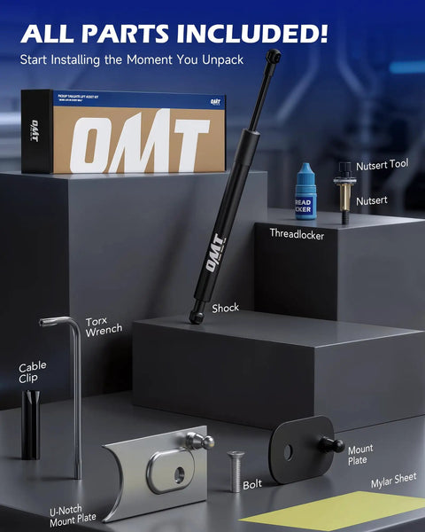 Tailgate Assist for Ram Trucks 2009 to 2025 Safe Smooth Tailgate Drop and Lift Kit components including shock and tools