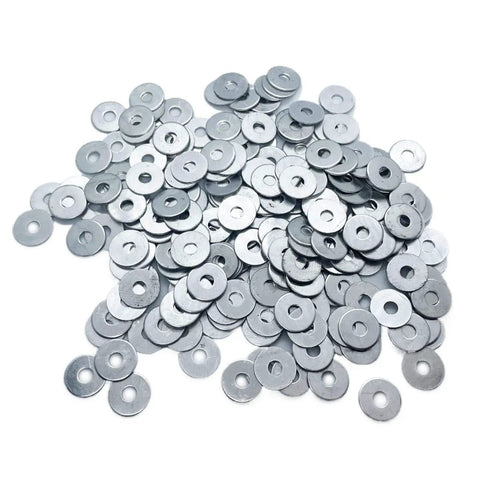 Pile of silver washers from Dope All In One Aluminum Pop Rivet Washer Kit For 1/8 Inch, 5/32 Inch, 3/16 Inch Rivets, 350 Pc Assortment