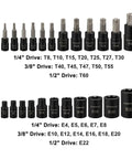 Heavy Duty Torx Bit Socket Set With 25 Pieces And External Sockets, Thirteen Star Bits T8 To T60 And Twelve Female ETorx Sockets E4 To E22, Chrome Vanadium Steel With Black Oxide Finish Built For Real Tough Auto And Mechanical Work displayed in order