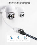 Cable Matters 10Gbps Cat6 Ethernet cable (black) for PoE cameras; white dome cameras mounted on a wall.