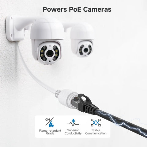 10Gbps Snagless Cat 6 Ethernet Cable Kit, 10 Pack, 10 Ft Length, black cable powering PoE cameras with stable connection detail