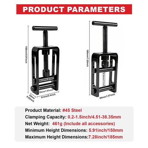 Emergency Water Shut Off Tool for 0.2 to 1.5 Inch Pipes - Manual Clamp with 45# Steel, dimensions and specifications shown