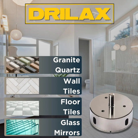 3 Inch Diamond Hole Saw Kit With Drill Guide for vessel sinks, recessed lights, plumbing access shown with material compatibility