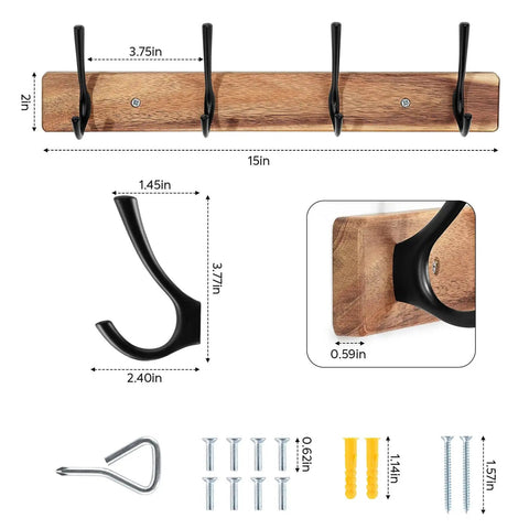 Acacia Wood Wall Coat Rack With Heavy Duty 4 Double Hooks, 15 Inch Long Hat Rack For Coats, Bags, Towels, And Leashes shown with dimensions