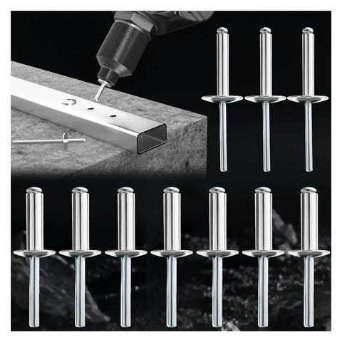 Large Flange Aluminum Blind Rivets Set For Quick Fixes Pop Rivet Kit 4.8mm Diameter 16mm Grip in use with drill and metalwork