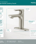 Flute Bathroom Faucet Brushed Nickel Fits 1 or 3 Hole 4 Inch Installations With Optional Base Plate ADA Compliant WaterSense Certified Pop-Up Drain Included Red And Blue Indicator Markings, showing spout reach and height.