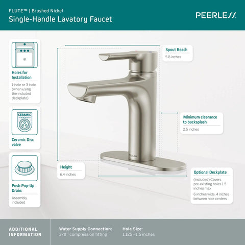 Flute Bathroom Faucet Brushed Nickel Fits 1 or 3 Hole 4 Inch Installations With Optional Base Plate ADA Compliant WaterSense Certified Pop-Up Drain Included Red And Blue Indicator Markings, showing spout reach and height.