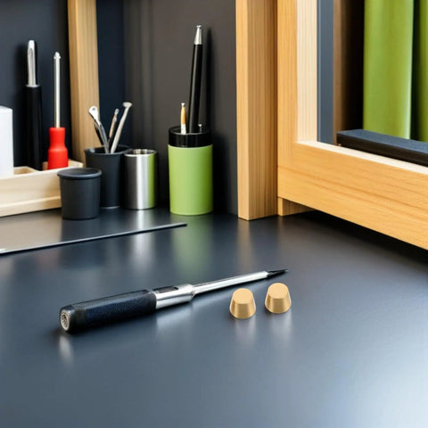 Four Pcs Brass Furniture Stabilizer Legs With Dope Modern Design And 10mm Decorative Riser Feet next to a screwdriver on a desk.