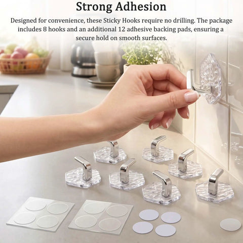 Installing Pack Of 8 Hexagonal Water Ripple Self Adhesive Wall Hooks Silver No Drill Heavy Duty Storage Snag Your Gear Simple Peel Mount.