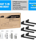 Six Inch Heavy Duty Shelf Brackets Set Of Six For Wood Shelves, 1/5 Inch Thick Black Metal L Brackets With hardware included
