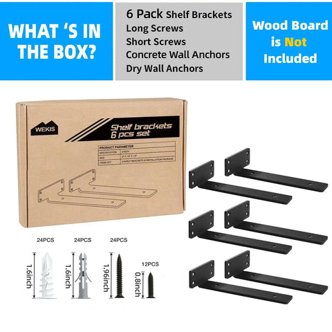 Six Inch Heavy Duty Shelf Brackets Set Of Six For Wood Shelves, 1/5 Inch Thick Black Metal L Brackets With hardware included