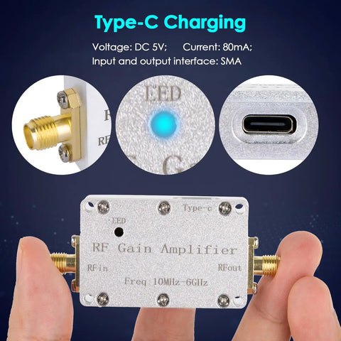 Ultra Wideband RF Amplifier 10MHz To 6GHz LNA With 40dB Gain And SMA Female Connector, Type-C Charging, LED Indicator