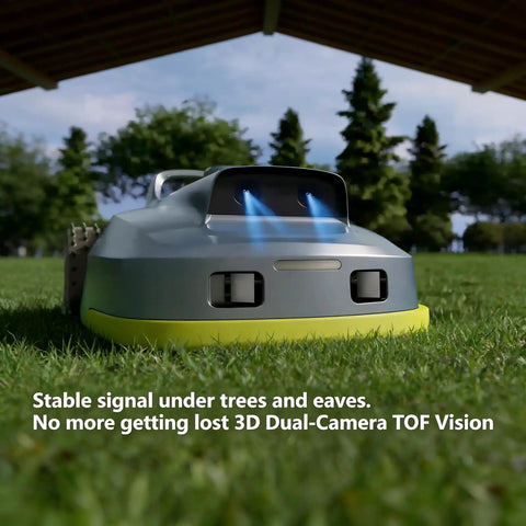 Smart Self Propelled Lawn Mower With App Control, 1500W Power, 3D TOF Obstacle Avoidance on grassy lawn under trees