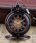 Rudder Design Skeleton Mechanical Pocket Watch Hand Wind For Men With Dope Black Dial Roman Numerals Vintage Steampunk Style Chain Included Box Gift Ready Premium Craftsmanship