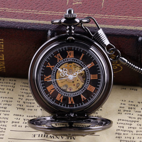 Rudder Design Skeleton Mechanical Pocket Watch Hand Wind For Men With Dope Black Dial Roman Numerals Vintage Steampunk Style Chain Included Box Gift Ready Premium Craftsmanship