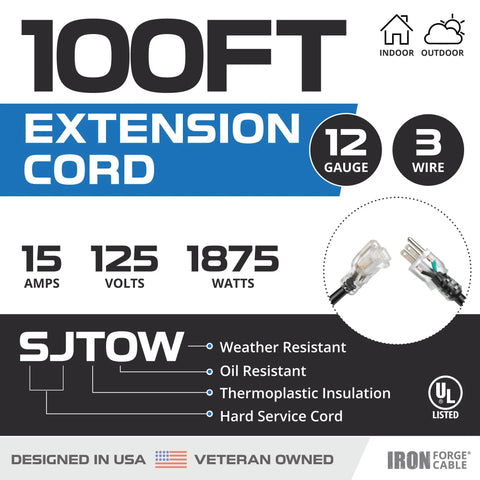 Beefy Heavy Duty Outdoor Extension Cord 100 Ft 12/3 Gauge SJTOW with 3 prong plug lighted end and specs.