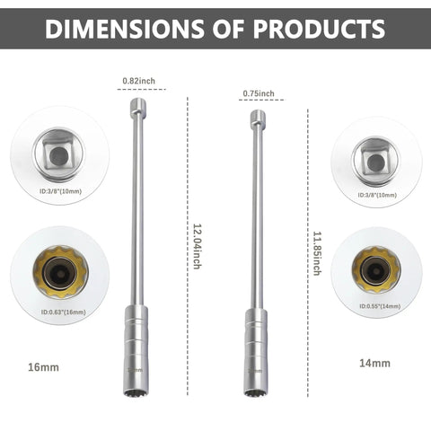 Dimensions of Thin Wall Extend Spark Plug Socket Set 14mm 16mm 12 Point Three Eighths Inch Drive for BMW Nissan