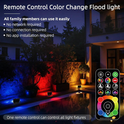 Outdoor 50W RGBW LED Flood Light illuminating a patio with remote control, showcasing 120 color modes for parties, IP66, Dual Pack.