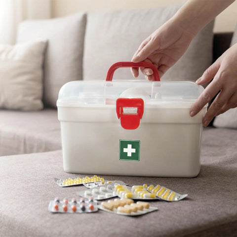Milton white plastic first aid box set of 2 with red handle and latch, transparent lid (front view).