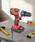 Top Tier 12V Cordless Drill Driver Set With Fast Lane Battery Charger held on a work surface next to tools.