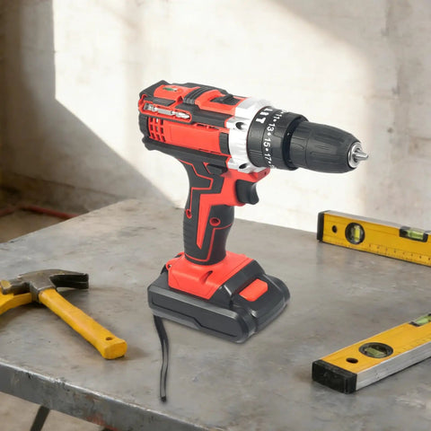 Top Tier 12V Cordless Drill Driver Set With Fast Lane Battery Charger held on a work surface next to tools.