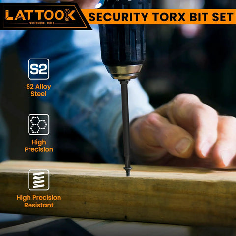 Premium Security Torx Bit Set With T Handle Ratchet Driver Forged From Industrial S2 Steel For Smooth Operation And Rust Proof Heavy Duty Grip That Knocks Out Every Project With Zero Hassle, in use on wood.