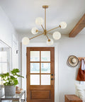 Six Light Modern Sputnik Chandelier Set With Milk Glass Globes For Kitchen Island Pendant Lighting In Gold White Brushed Brass Finish