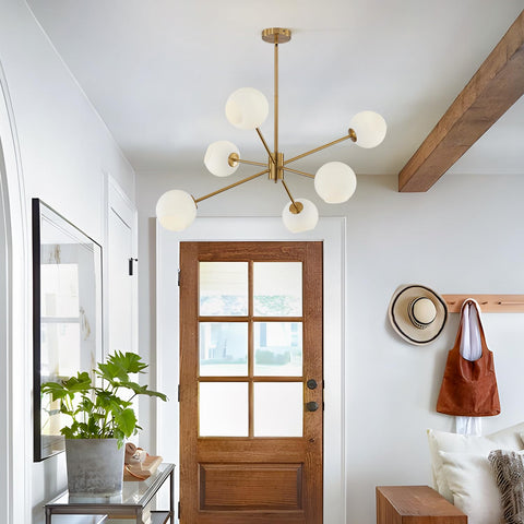 Six Light Modern Sputnik Chandelier Set With Milk Glass Globes For Kitchen Island Pendant Lighting In Gold White Brushed Brass Finish