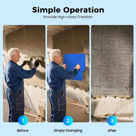 Man using 4 Pack 24x24 Concrete Stamping Mats Set With Realistic Slate Texture Durable Polyurethane Stamping Mats for walls