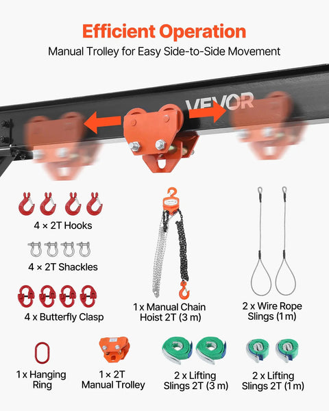 Manual trolley with hooks and slings for the Workhorse Grade Adjustable Gantry Crane 4400 Lbs Capacity Portable Shop Lift Hoist.