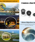 Close-up of Beginner Kids Telescope With 50mm Aperture And Tripod, 20x-100x Magnification, two eyepieces, and lens capabilities displayed.