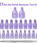 21 purple clips and double-ended pusher from 20 Piece Nail Remover Clips Kit For Fingers And Toes Reusable Gel Soak Off Clips