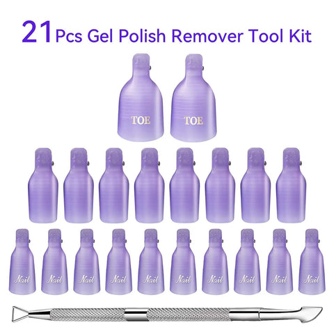 21 purple clips and double-ended pusher from 20 Piece Nail Remover Clips Kit For Fingers And Toes Reusable Gel Soak Off Clips