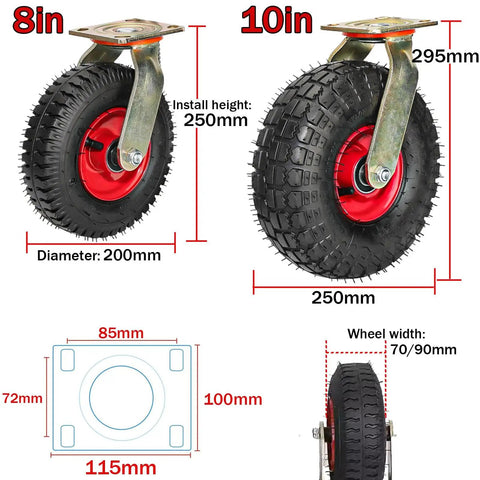 8 inch and 10 inch Heavy Duty Rubber Swivel Caster Wheels Two Pack, puncture proof with steel mounts for carts and furniture.