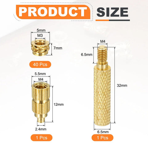 40 Piece Set M3 Heat Set Inserts With Soldering Tip 5mm Outer Diameter 7mm Height Brass Knurled Nut Rod Inserts For 3D Printing And Plastic Parts DIY Electronics, detail view with dimensions and components.