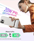Pocket Sized 4500 Mah Portable Power Bank With 20W Fast Charge And Dual Usb C Ports For iPhone 17 16 15 Plus Pro Max And Samsung Galaxy S25 S24 S23 Android Travel Battery Pack To Zap Up Your Phones Quick And Stay Fully Wired On The Go in action with an iPhone 16 Pro charging.