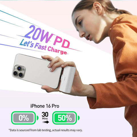 Pocket Sized 4500 Mah Portable Power Bank With 20W Fast Charge And Dual Usb C Ports For iPhone 17 16 15 Plus Pro Max And Samsung Galaxy S25 S24 S23 Android Travel Battery Pack To Zap Up Your Phones Quick And Stay Fully Wired On The Go in action with an iPhone 16 Pro charging.
