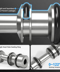 Close-up of 2 Position 5 Way Solenoid Valve DC 12V Pilot Operated Electric Valve with sealing ring and temperature range details.