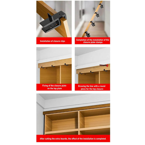 Pro Grade Woodworking Scribing Jig Set For Cabinet Installations And Furniture Making, Built With Durable ABS Plastic, Fits 15 16 17 18mm Boards, Ideal For Uneven Surfaces, Toe Kick Lines, Ceilings, And Trim Work, shown in instructional use.