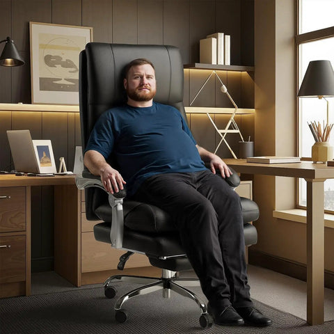 Man sitting in Cloud-Like Comfy Office Chair With Footrest, Overstuffed Fiberfill, Ultra Soft Reclining High Back Desk Chair For Home Office