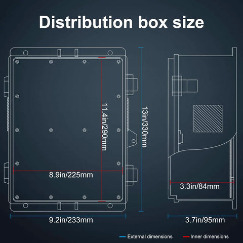 Image showing dimensions of All Weather Outdoor Electrical Junction Box With Waterproof Abs Panel Enclosure And Removable Grille Snap Lock Hinged Cover.