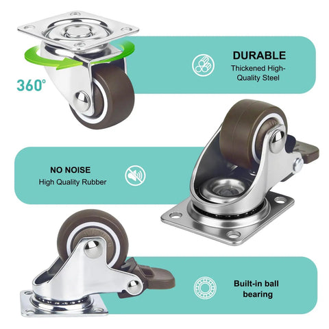 One Inch Tiny Caster Wheels Set Four Heavy Duty Swivel Plate Casters With Brakes Non Mark Rubber for Furniture DIY Projects