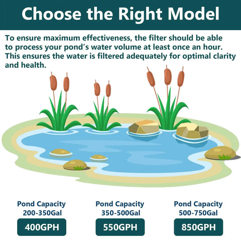 Illustration of pond filter capacity options: 200-350 Gal 400GPH, 350-500 Gal 550GPH, 500-750 Gal 850GPH with water plants.