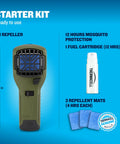 Portable Mosquito Repeller With 12-Hour Fuel Refill, starter kit with repellent, fuel cartridge, and mats displayed