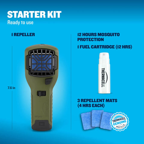 Portable Mosquito Repeller With 12-Hour Fuel Refill, starter kit with repellent, fuel cartridge, and mats displayed
